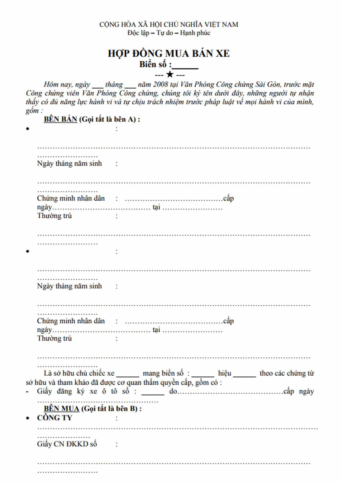 Dowload mẫu hợp đồng mua bán xe
