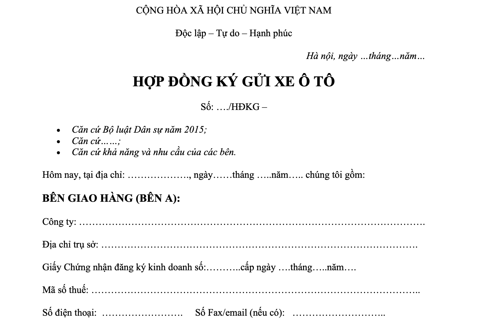 hợp đồng ký gửi xe ô tô Hợp đồng ký gửi xe ô tô được soạn thảo theo mẫu mới nhất nhằm giúp quá trình bán xe của bạn được nhanh chóng
